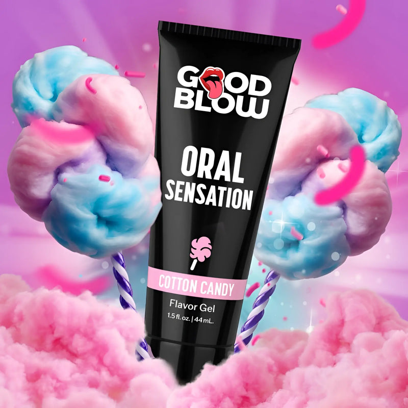 Good Blow Oral Sensation Gel in a black tube, featuring cotton candy flavor branding against a pink and blue background.