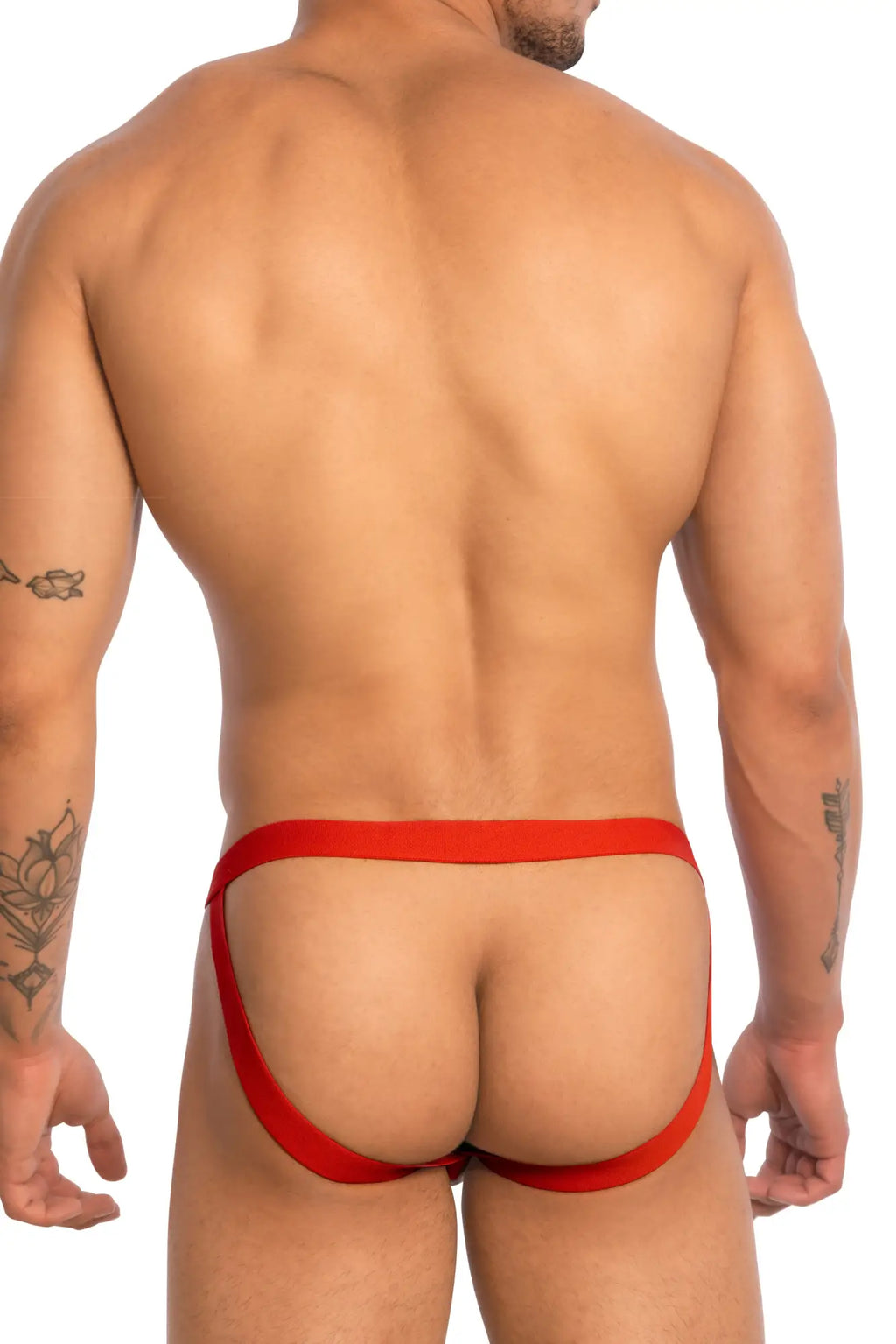 Good Devil GDC0511 red form-fitting thong jockstrap with smooth elastic waistband and side straps shown from back side