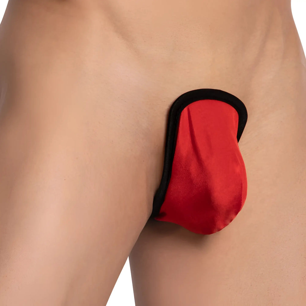 Good Devil GDC505 red and black fabric thong with smooth satin-like finish shown from the back side