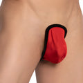 Good Devil GDC505 red and black fabric thong with smooth satin-like finish shown from the back side
