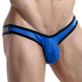 Vibrant blue shiny latex thong with black trim and modedevil logo on waistband in good devil gde032 jockstrap