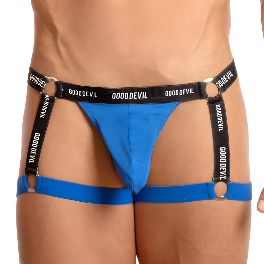 Blue good devil brand briefs jockstrap with black elastic straps and metal rings for support and style