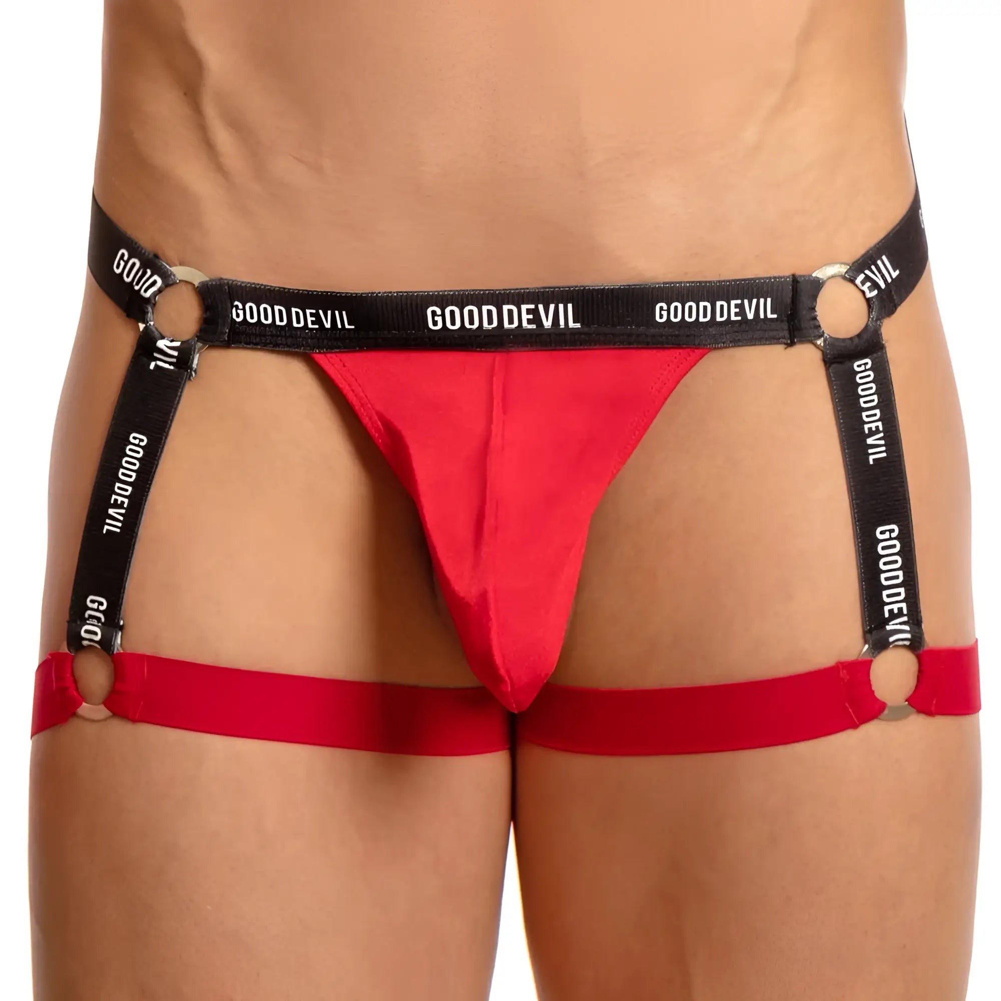 Red good devil garter belt with black elastic straps and white lettering featured in good devil GDE040 jockstrap product