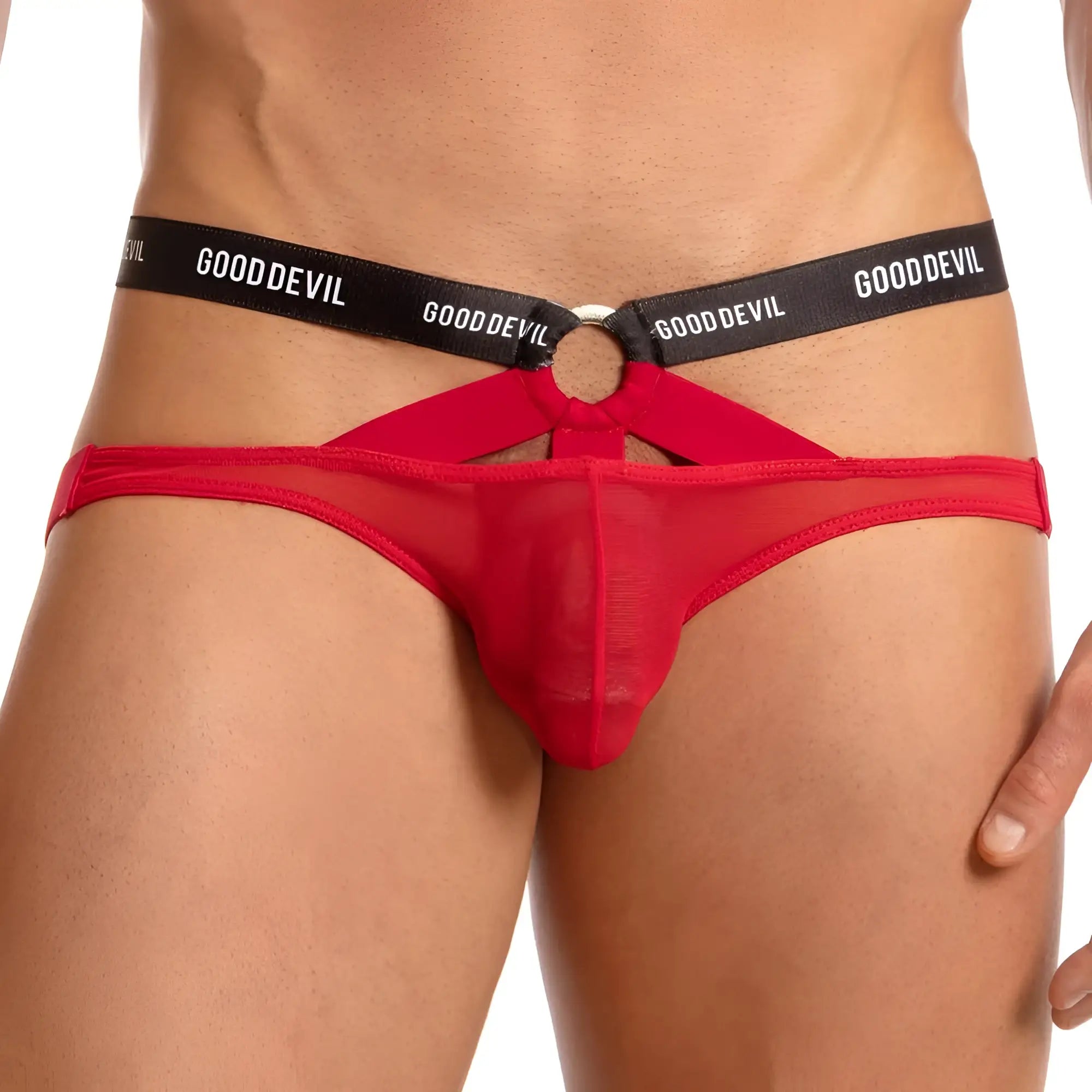 Red sheer mesh gooddevil men’s thong with black waistband and white gooddevil lettering good devil gde043 jockstrap