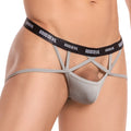 Gray good devil brand men’s thong jockstrap with black waistband and white logo featuring crisscross fabric straps