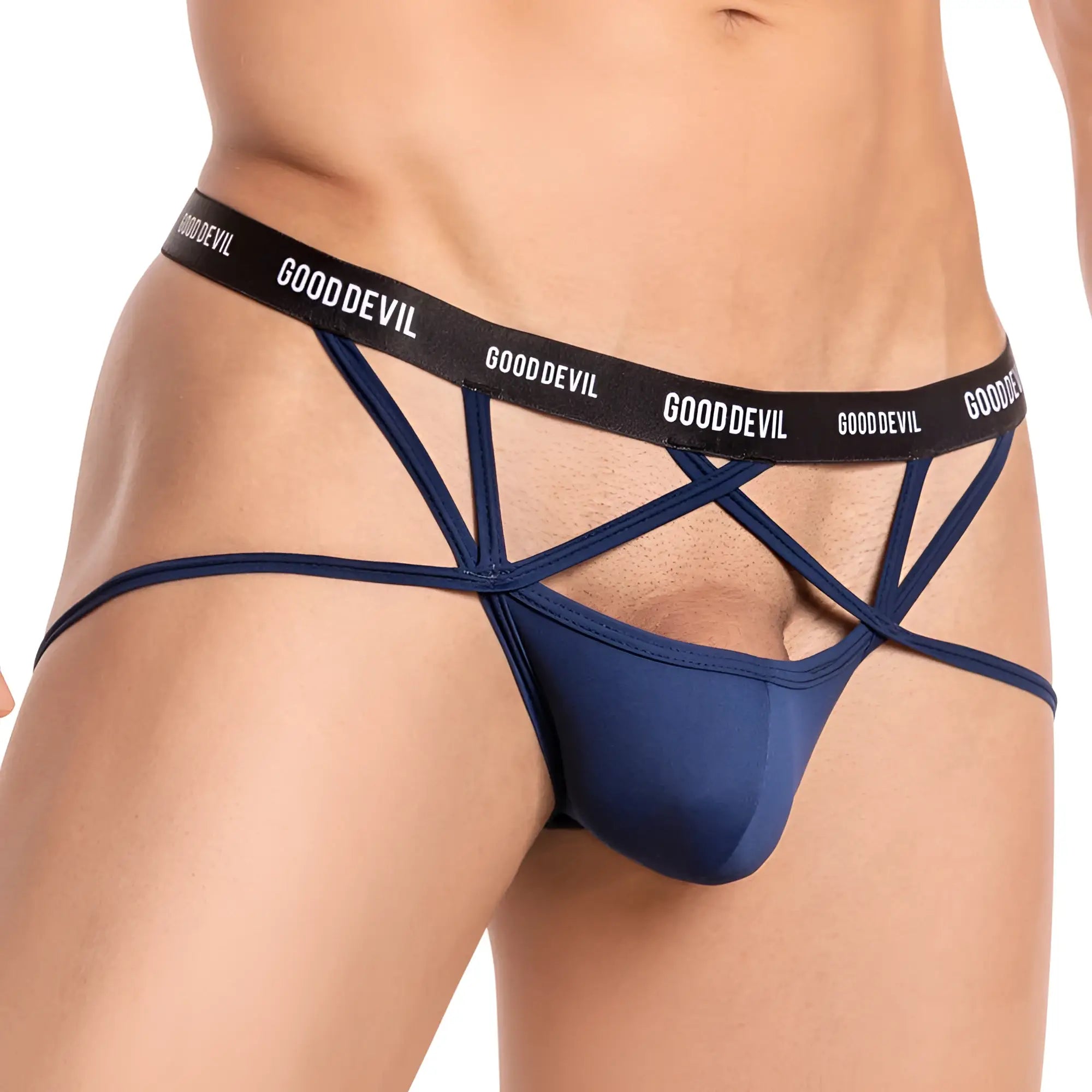 Navy blue good devil men’s thong jockstrap with black waistband featuring white gooddevil text and crisscross straps
