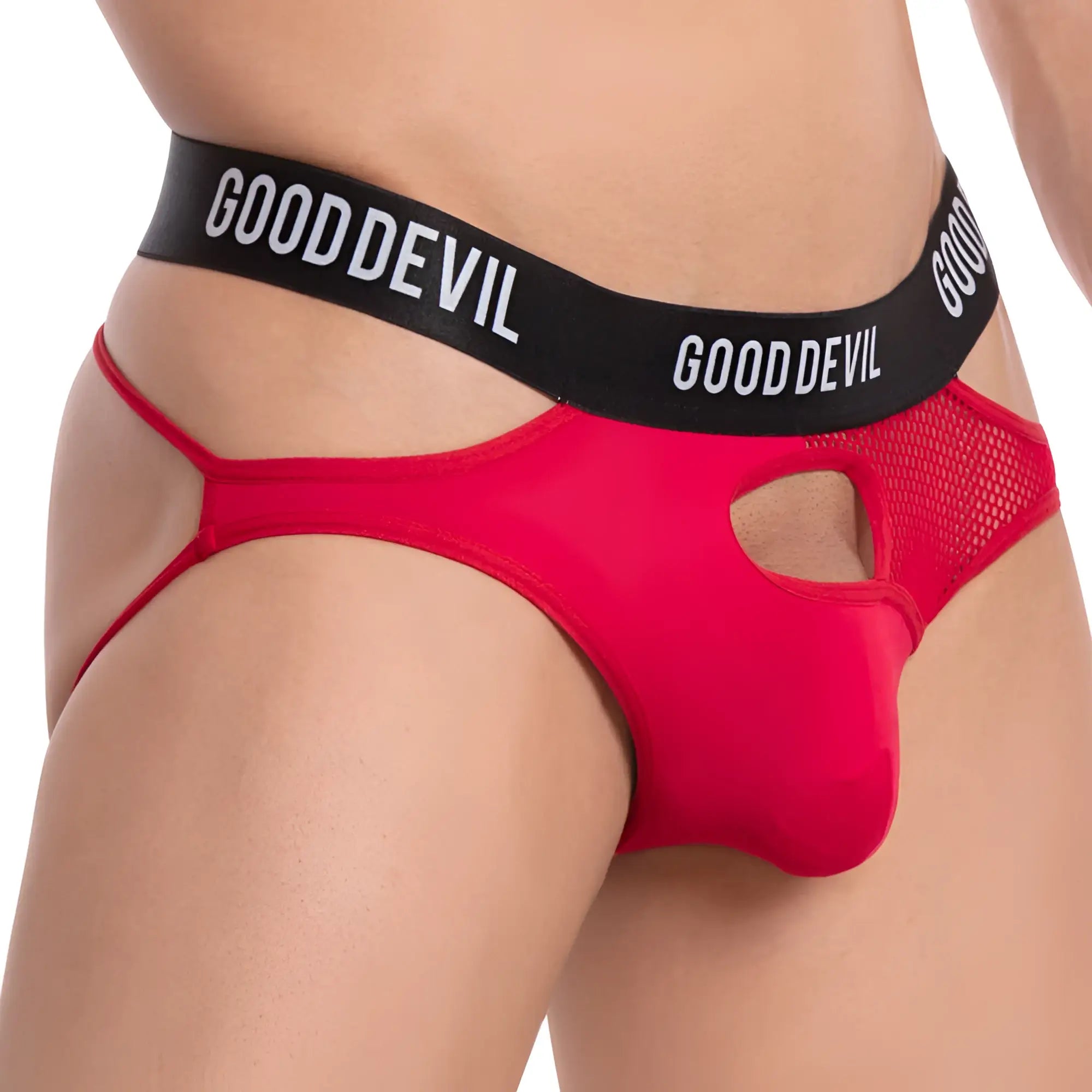 Red good devil brand briefs with black waistband white lettering and mesh side detailing in good devil gde050 jockstrap