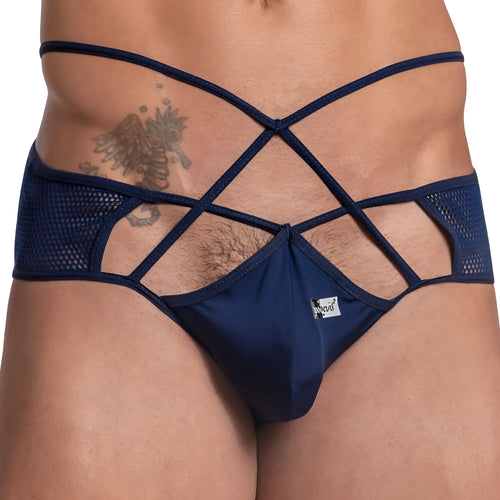 Navy blue mesh and fabric men’s briefs with crisscross straps in good devil gde063 jockstrap design front view