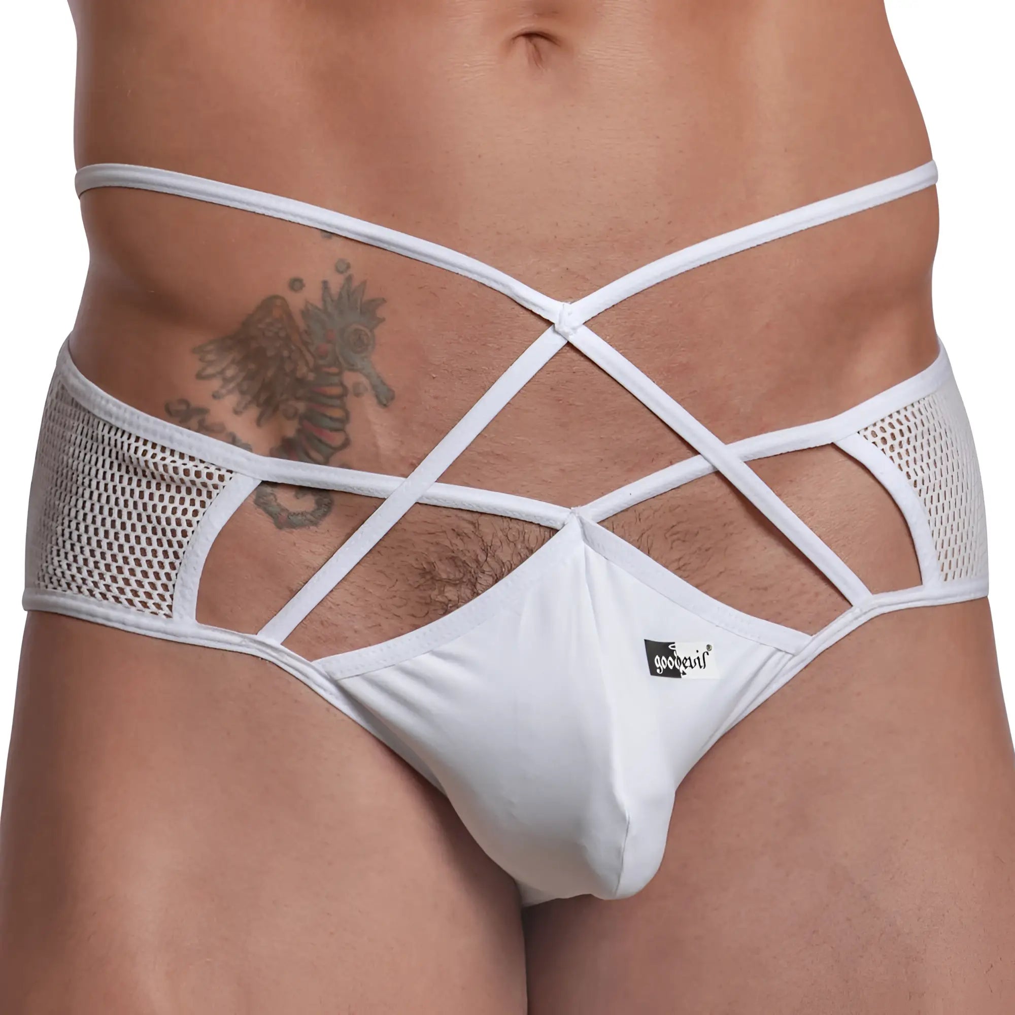 Good devil gde063 jockstrap in white mesh and fabric briefs with crisscross straps front view