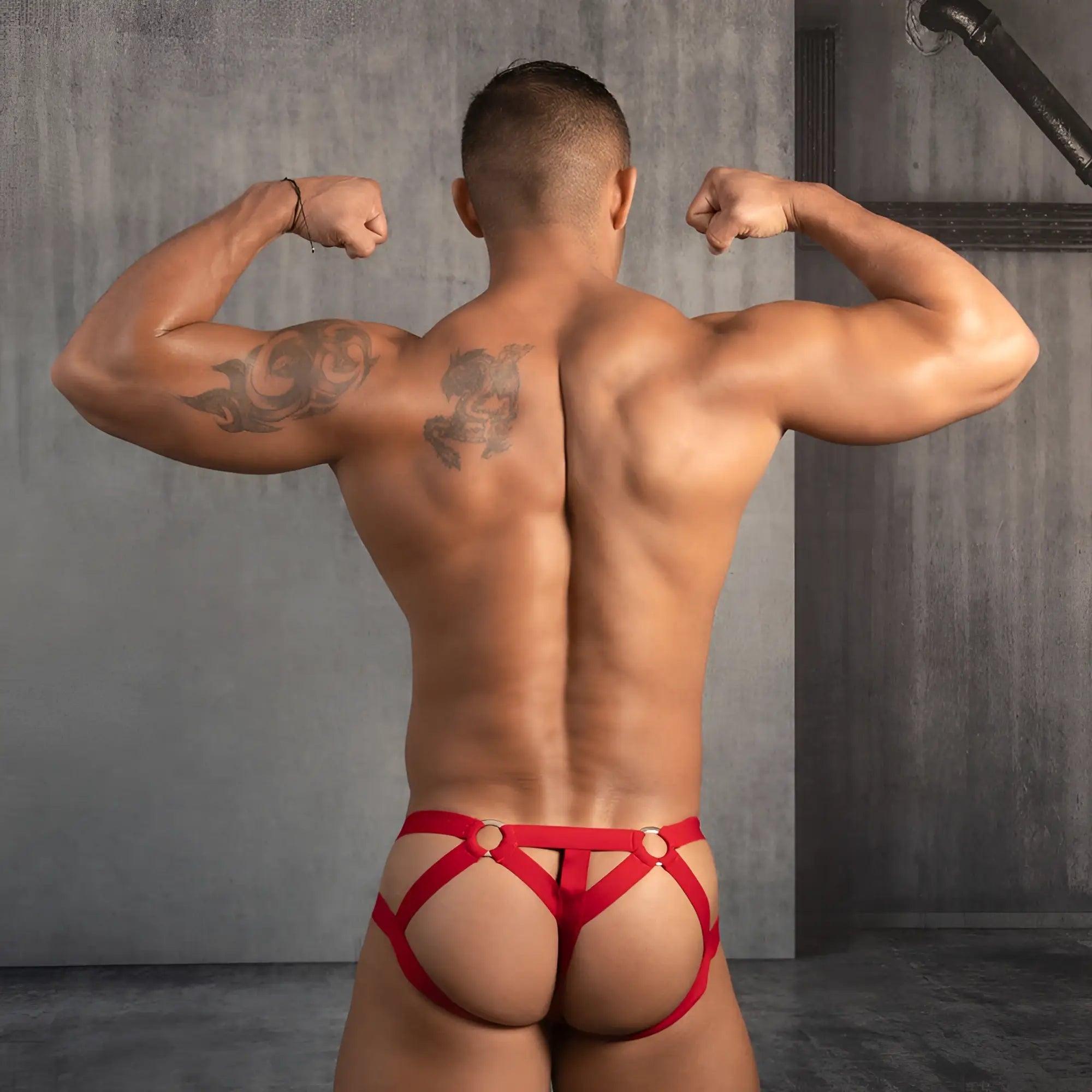 Good Devil GDE064 jockstrap red strappy athletic briefs with gold toned circular clasps for active wear