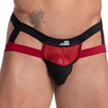 Black and red mesh thong jockstrap with black waistband featuring goodevil brand label Good Devil GDE065 model