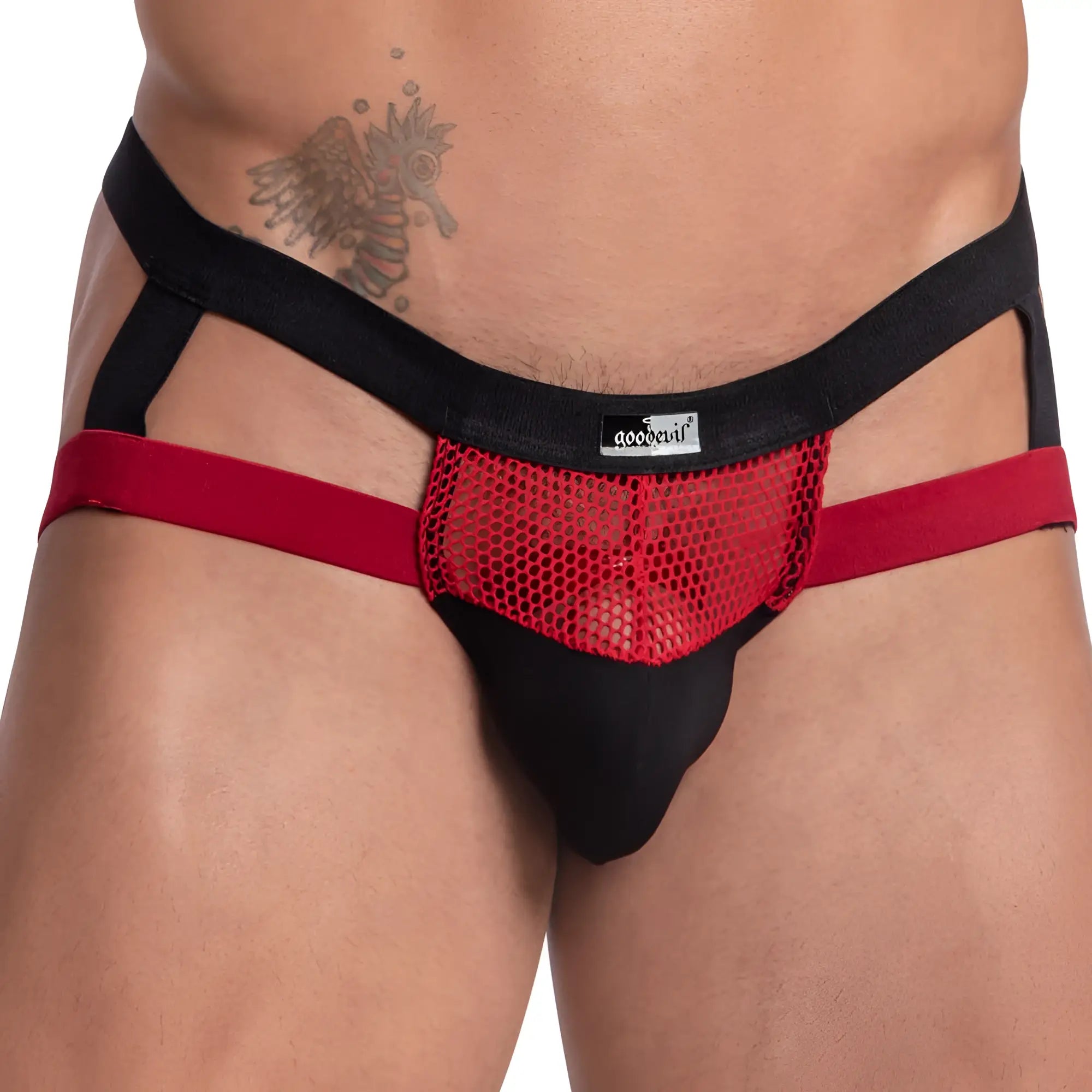 Black and red mesh thong jockstrap with black waistband featuring goodevil brand label Good Devil GDE065 model