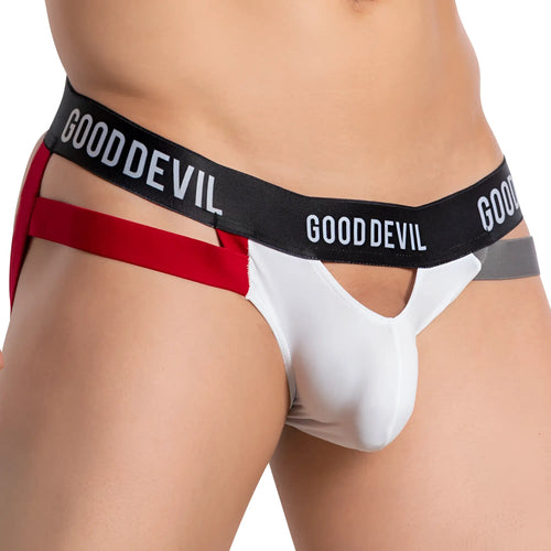 Good devil gde067 jockstrap in white and red with black waistband featuring gooddevil logo in white lettering