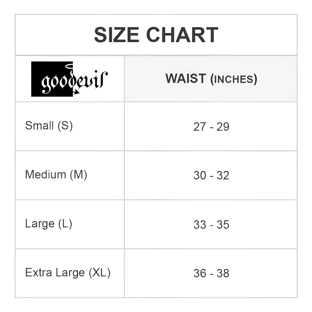 Good devil gde068 jockstrap size chart showing waist measurements for small to extra large sizes