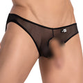 Black sheer mesh briefs with black trim and a small googly brand tag from good devil gde069 jockstrap