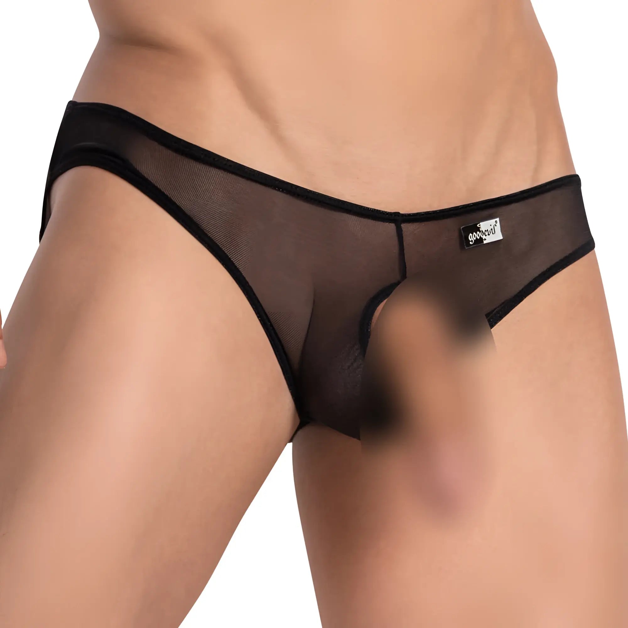 Black sheer mesh briefs with black trim and a small googly brand tag from good devil gde069 jockstrap