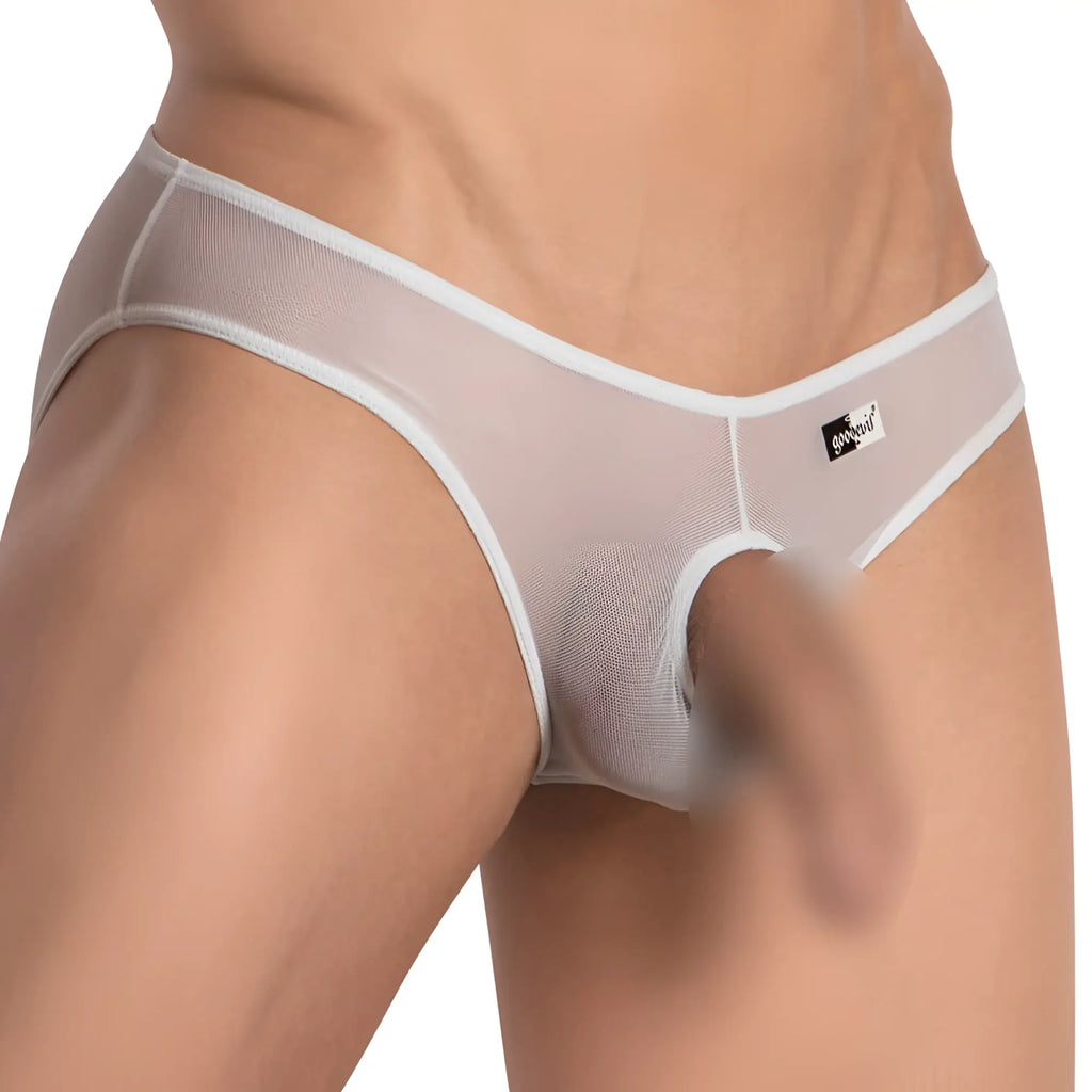 Good Devil GDE069 jockstrap in white mesh briefs with white trim and a small black brand tag visible