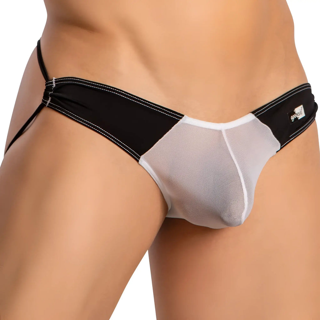 Black and white mesh thong jockstrap with solid black waistband and contrasting stitching from good devil