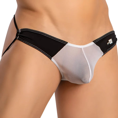 Black and white mesh thong jockstrap with solid black waistband and contrasting stitching from good devil