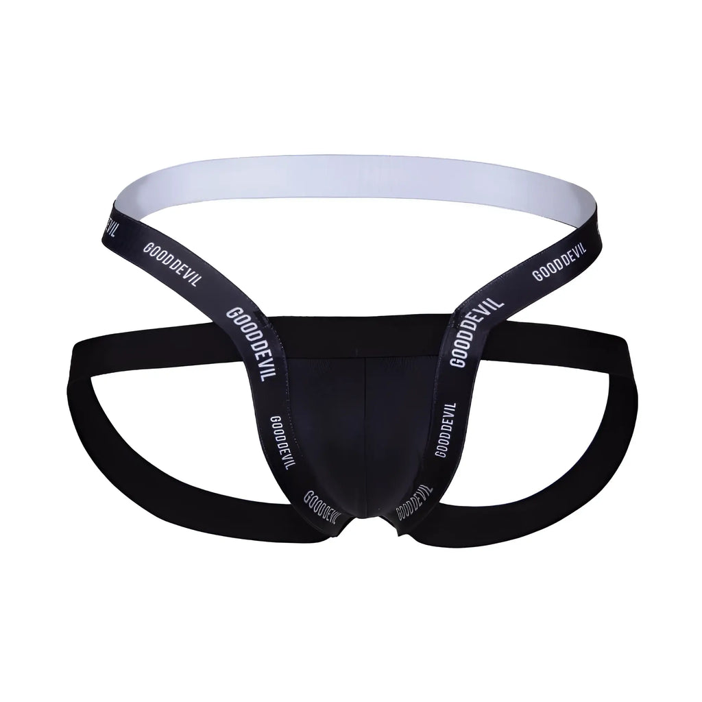 Black Good Devil GDE074 jockstrap men’s briefs with white elastic waistband and branded straps front view