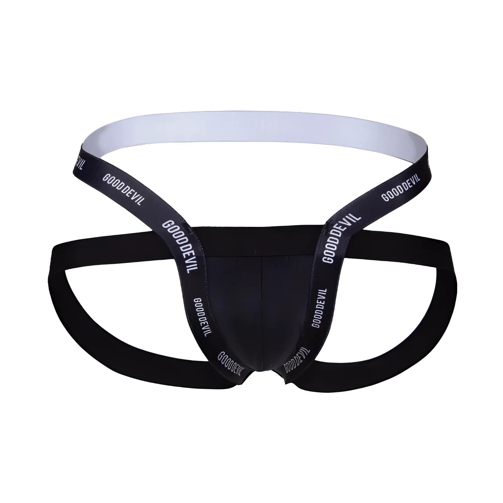 Black Good Devil GDE074 jockstrap men’s briefs with white elastic waistband and branded straps front view