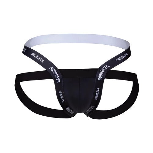 Black Good Devil GDE074 jockstrap men’s briefs with white elastic waistband and branded straps front view