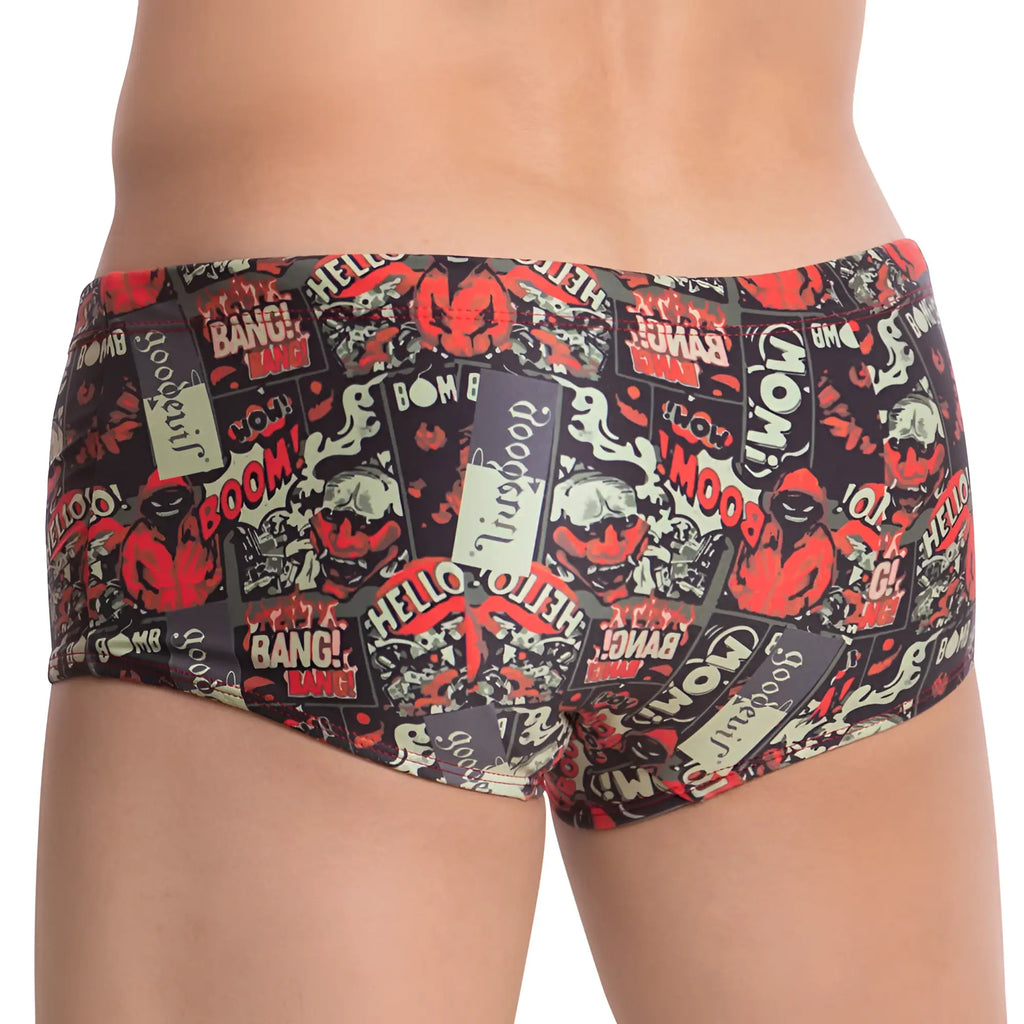 Black good devil gdh011 boxer trunk swim trunks with bold comic book style red and white bang boom print and cartoon figures