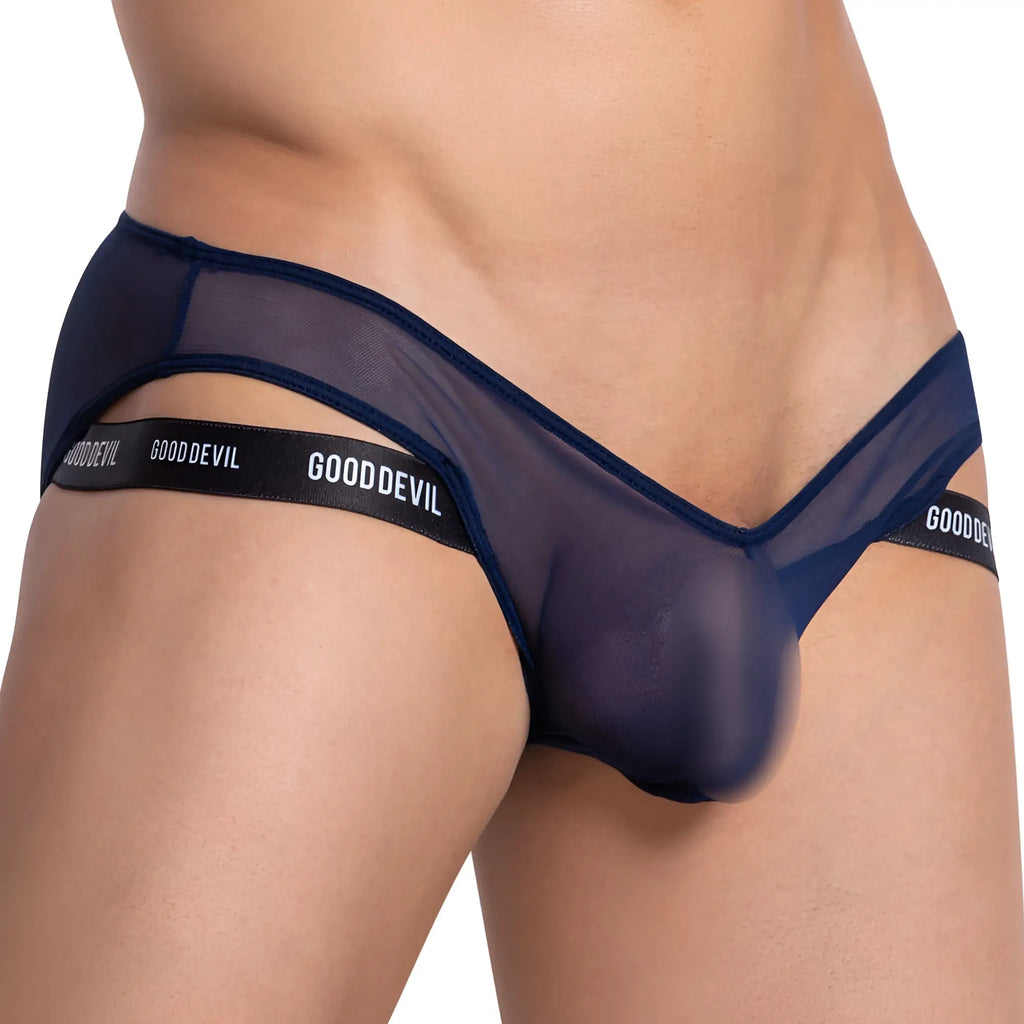 Navy blue sheer mesh men’s gooddevil bikini brief with black elastic waistband visible from the back side