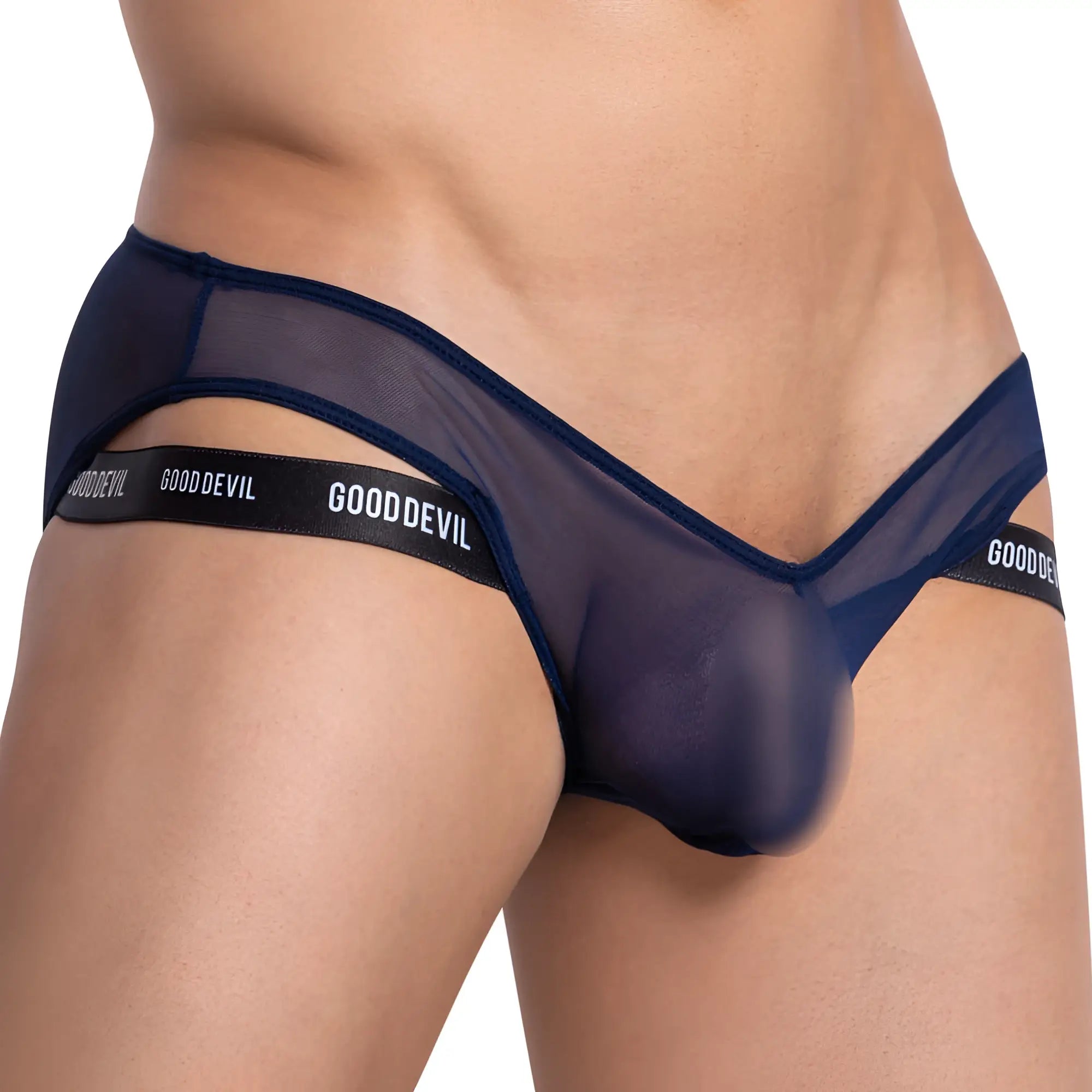 Navy blue sheer mesh men’s gooddevil bikini brief with black elastic waistband visible from the back side