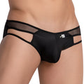 Good Devil GDI029 bikini brief in black mesh and satin with a sleek modern design visible from the front