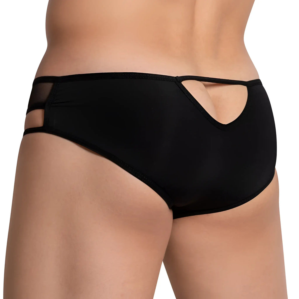 Black Good Devil GDI029 bikini briefs with sheer mesh panel and back cutout detail shown from the back side