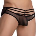 Black sheer mesh good devil gdi030 bikini brief with multiple horizontal straps and a central clasp