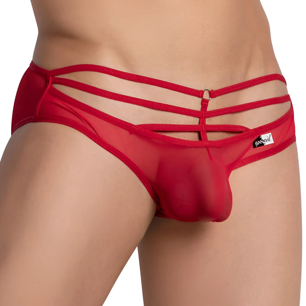 Red sheer mesh men’s Good Devil GDI030 bikini brief with three horizontal straps and a central clasp
