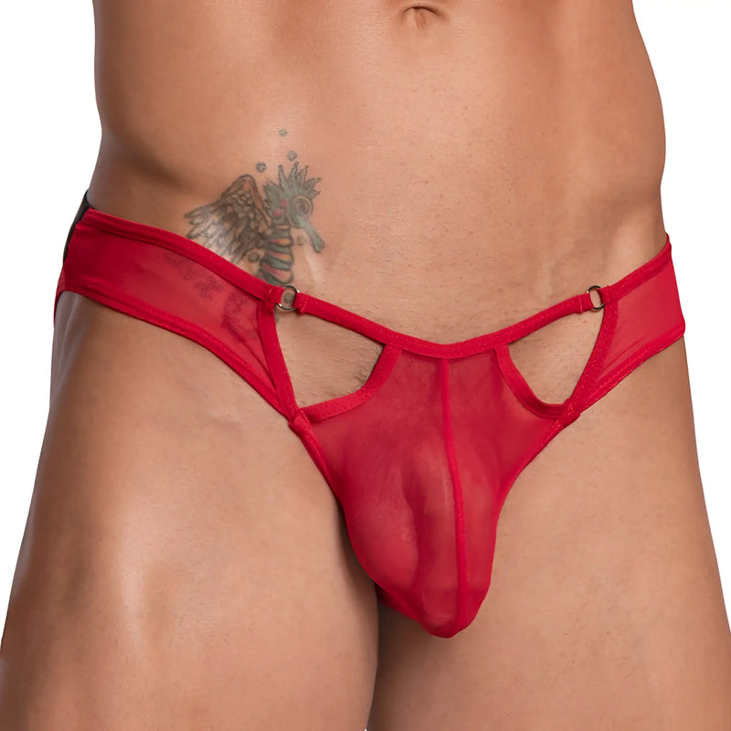 Good devil gdi031 bikini brief in red sheer mesh thong with cutout detailing and metal clasps on the back side