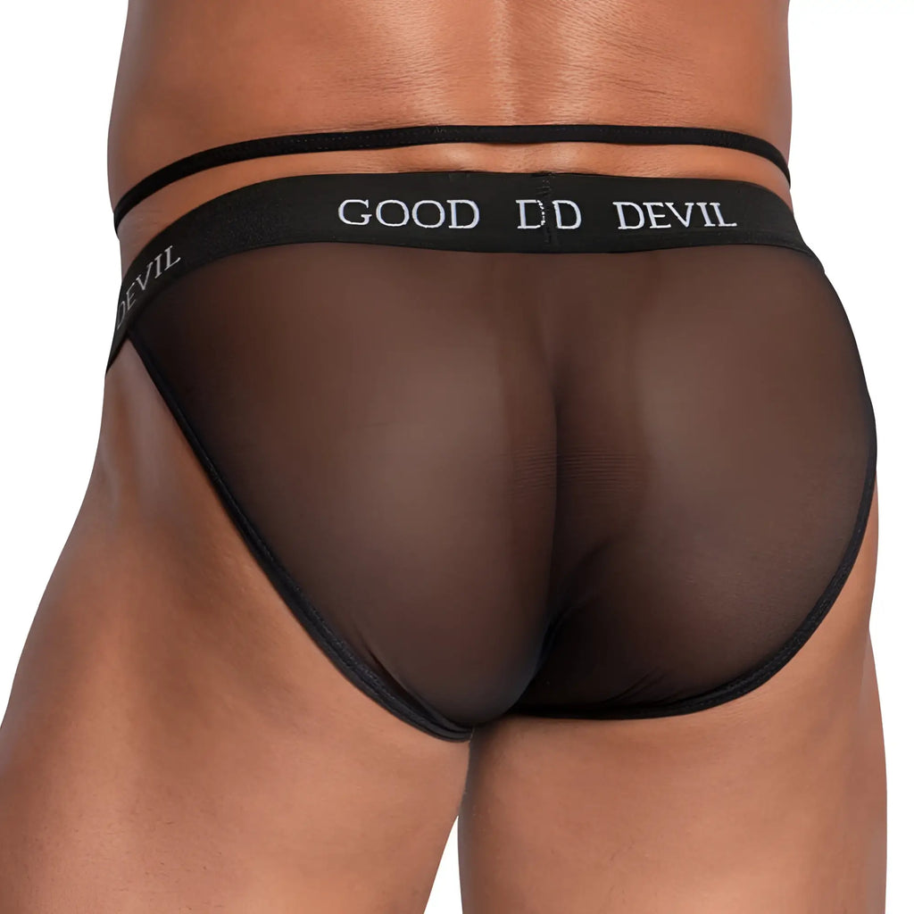 Black sheer mesh good devil gdi032 bikini brief with black elastic waistband and white logo lettering