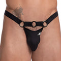 Black leather-like thong bikini brief with three metallic rings across the waistband good devil gdi035 back side