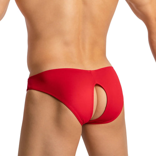Back view of good devil gdi041 bikini men’s red form-fitting briefs with a distinctive cutout design