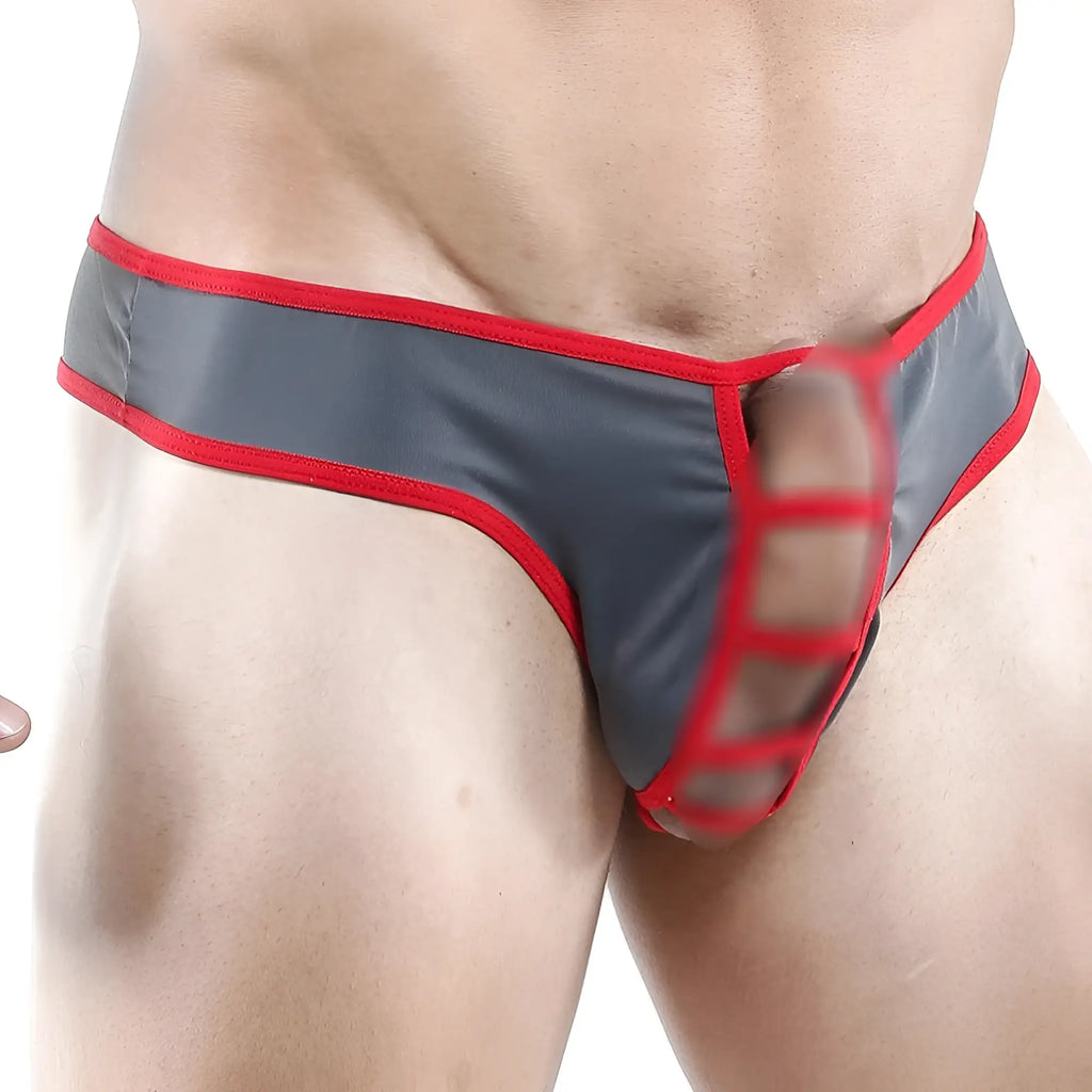 Good Devil GDK009 thong in gray and red mesh with sheer transparent design showing front side