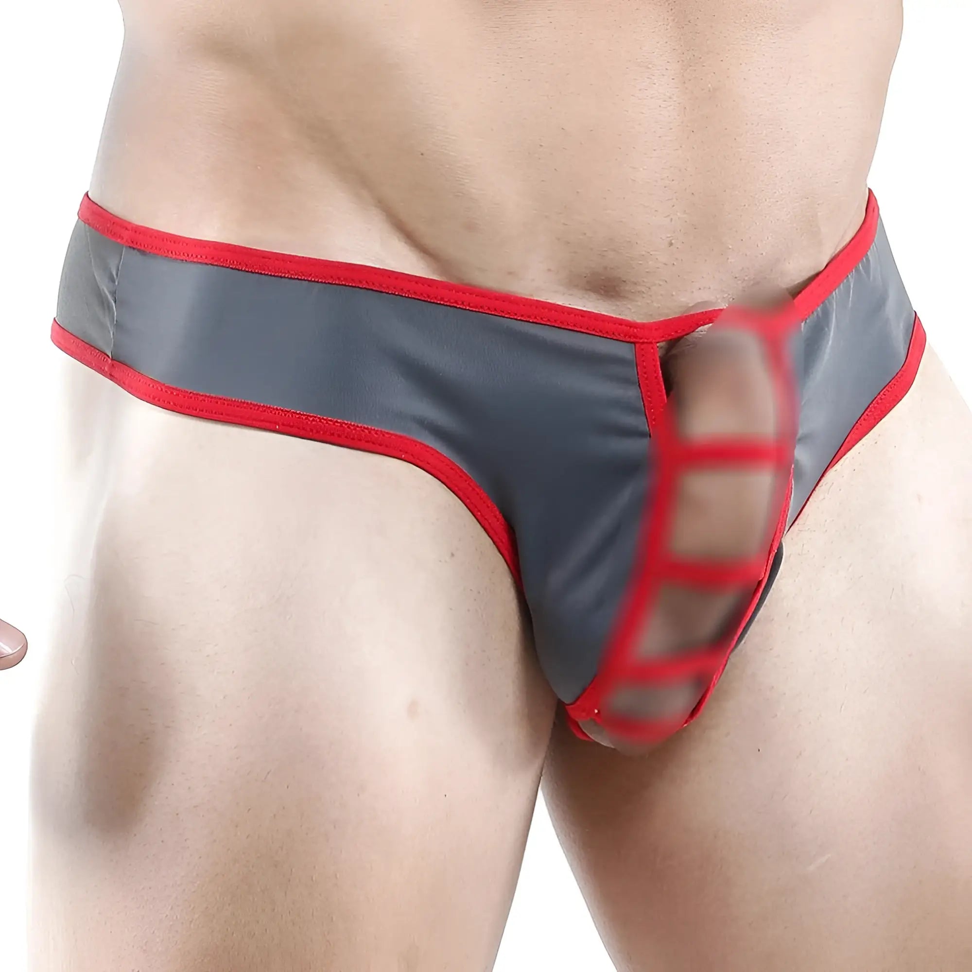 Good Devil GDK009 thong in gray and red mesh with sheer transparent design showing front side