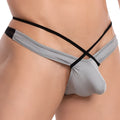 Gray form-fitting good devil gdk051 men’s thong with black crisscross straps and smooth stretchy fabric showing front view