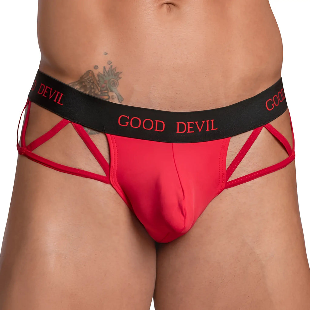 Good devil gdk063 thong briefs in red and black with cut-out design and branded detailing for stylish comfort