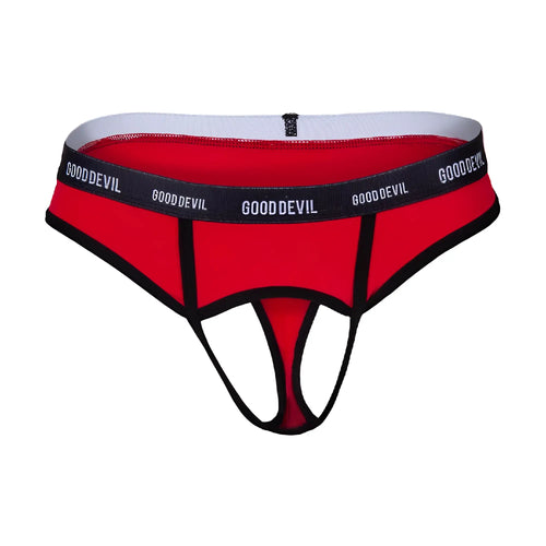 Good Devil GDK071 thong in red and black with a white inner waistband featuring a devil design