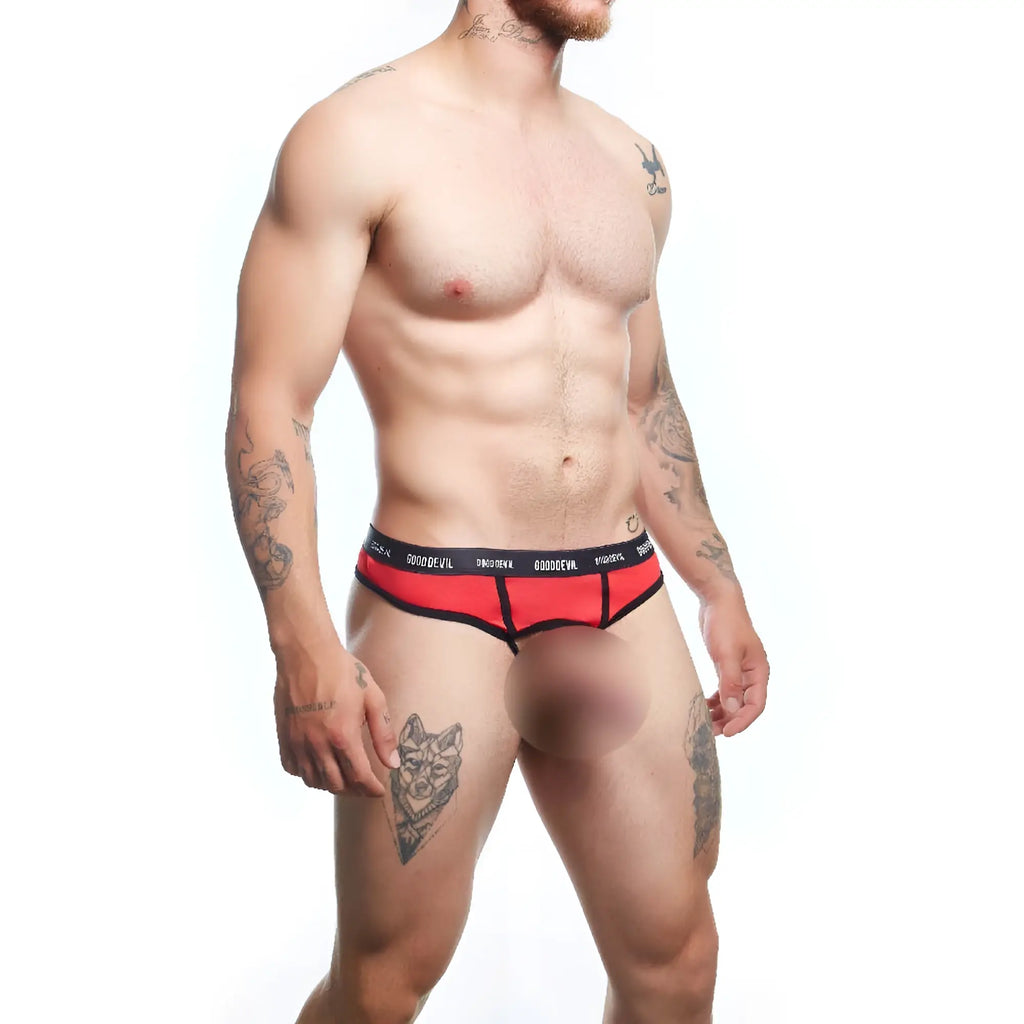 Red and black good devil gdk071 thong athletic briefs with branded waistband shown from the back side