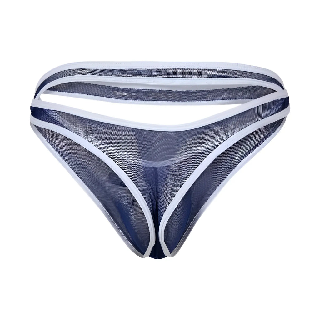 Navy blue mesh thong with white trim and supportive waistband from Good Devil GDK072 showing front view