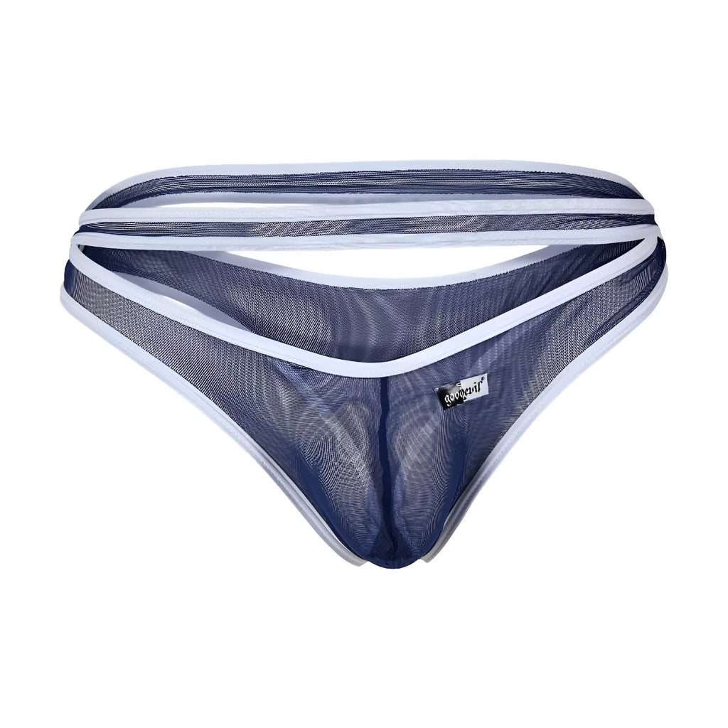 Good Devil GDK072 thong in navy blue mesh with white trim and a small black brand tag visible on the front
