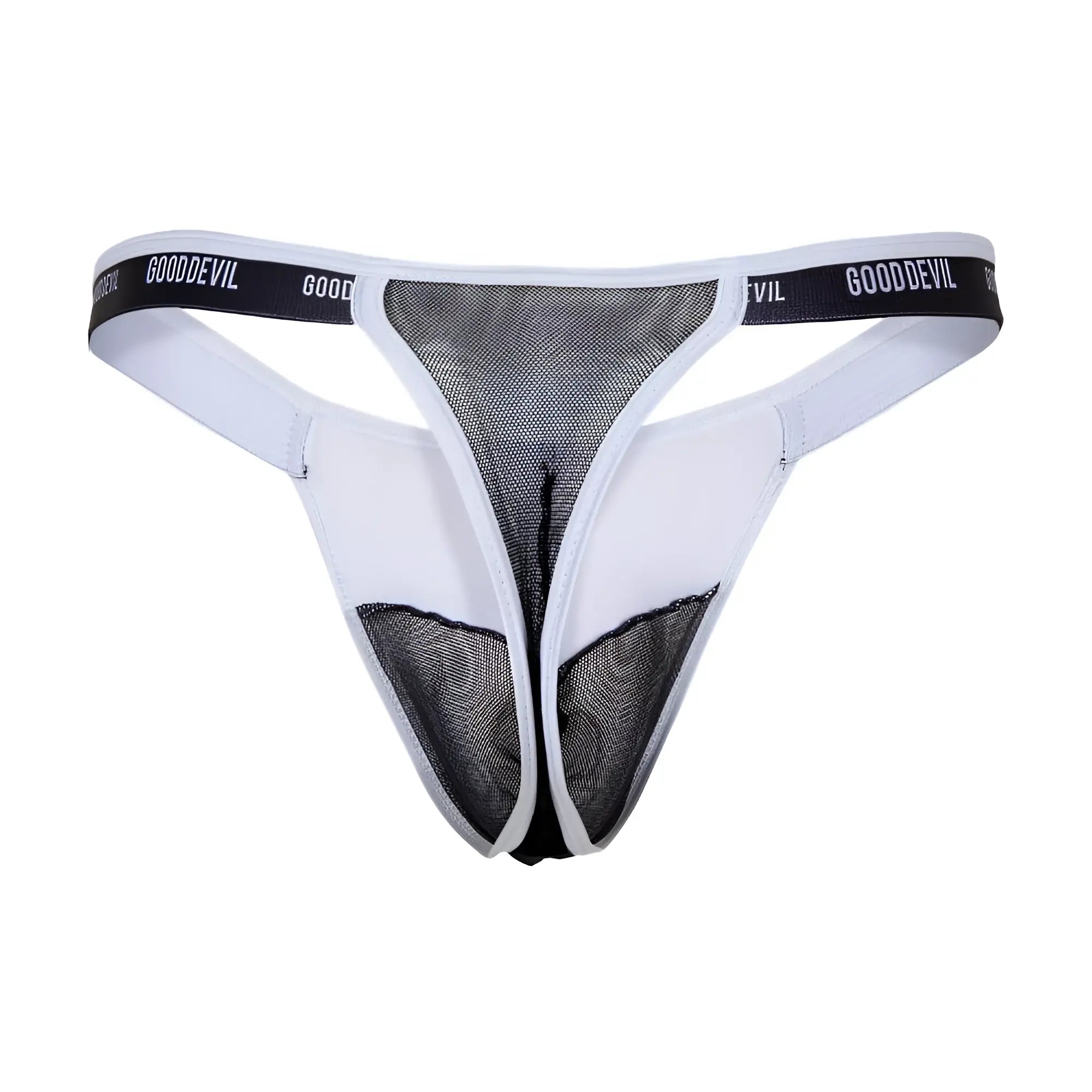 White and black mesh thong with gooddevil branding on the waistband good devil gdk073 thong front view