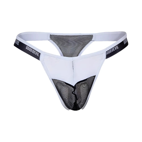 White and black mesh thong with gooddevil branding on waistband from good devil gdk073 collection