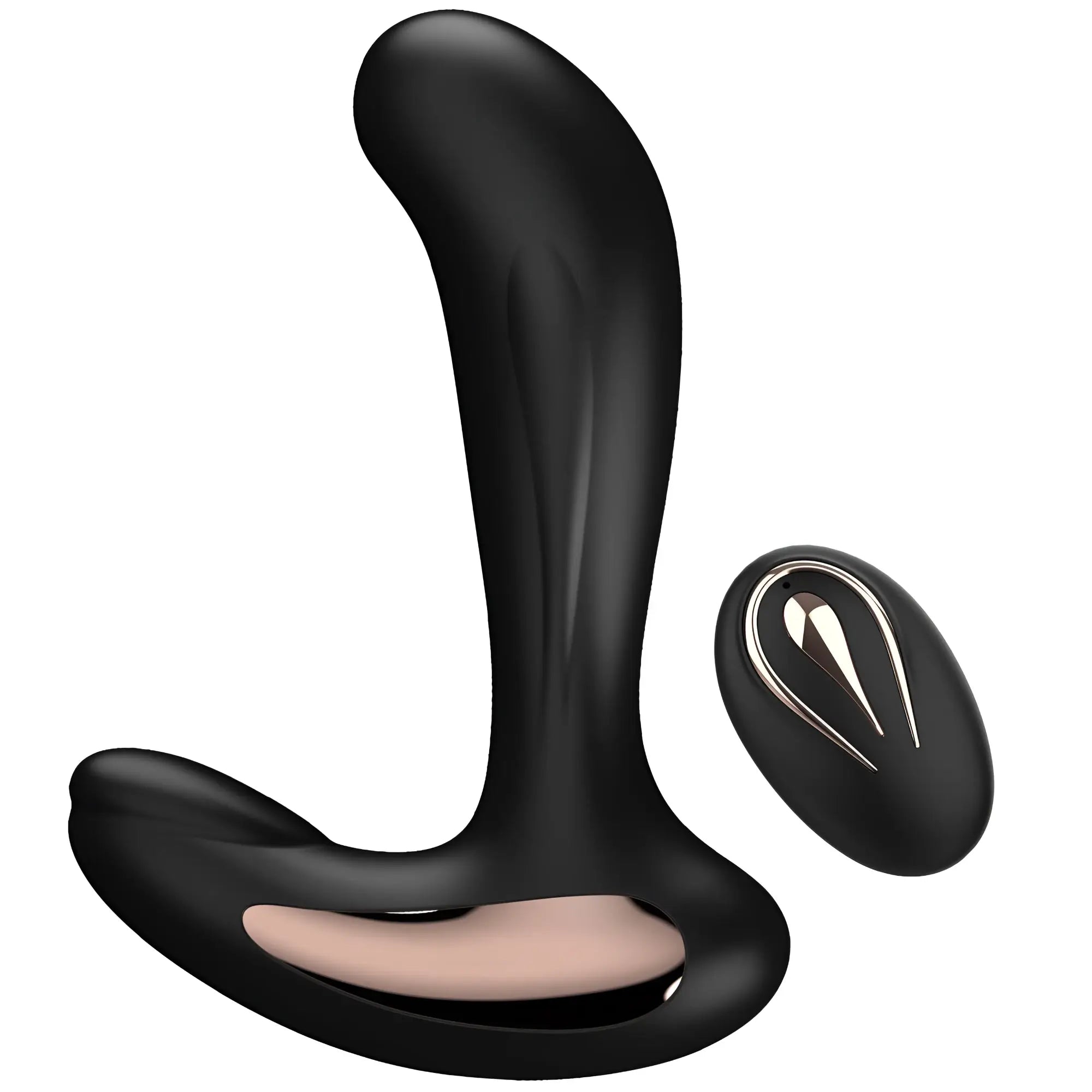 Black silicone remote-controlled anal plug with sleek curved design and rose gold base from good devil gdm1241 accessory