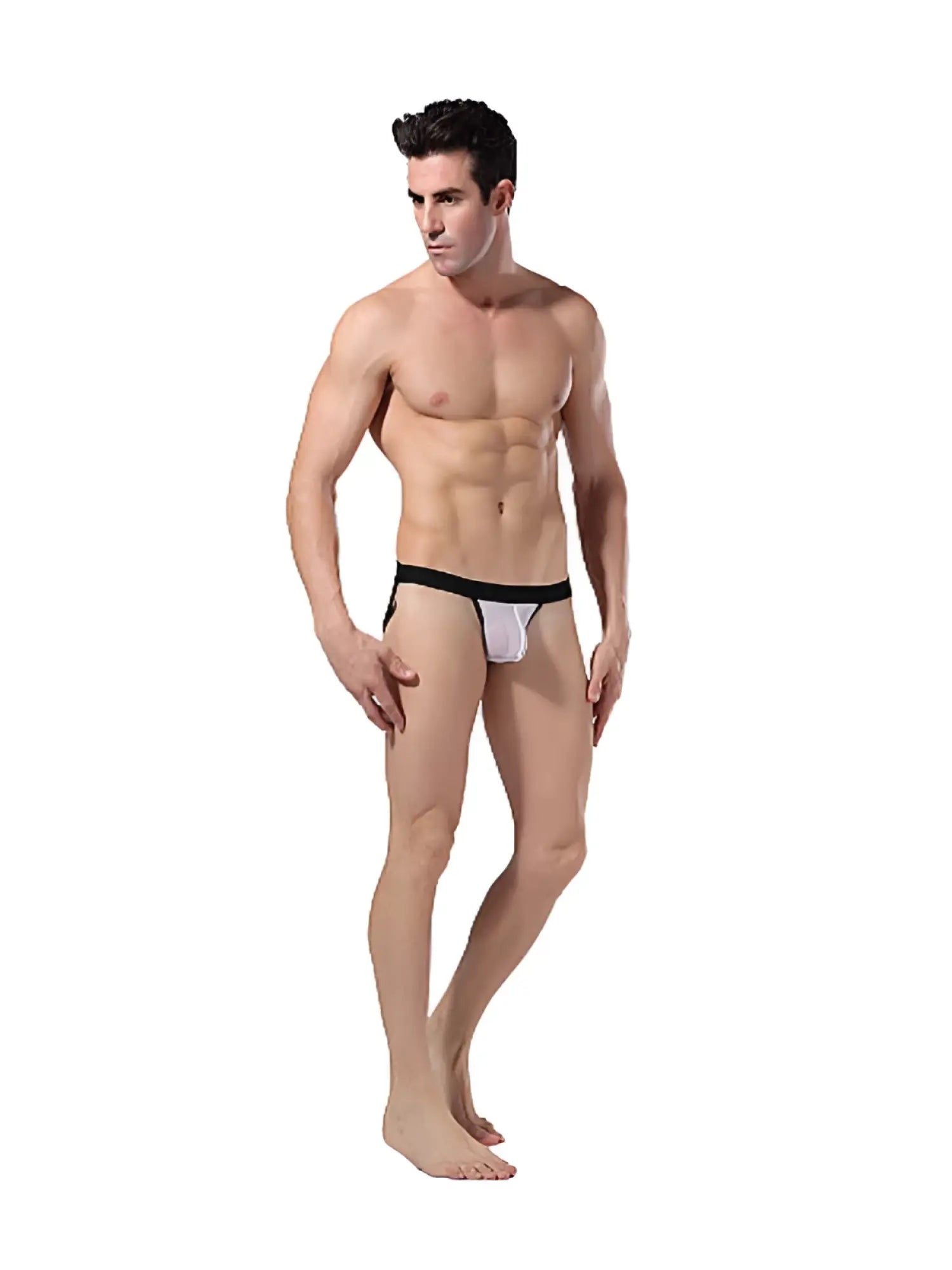 Goodfellas underwear sheer jock strap in white and black with a snug fit and elastic waistband size XL shown from back