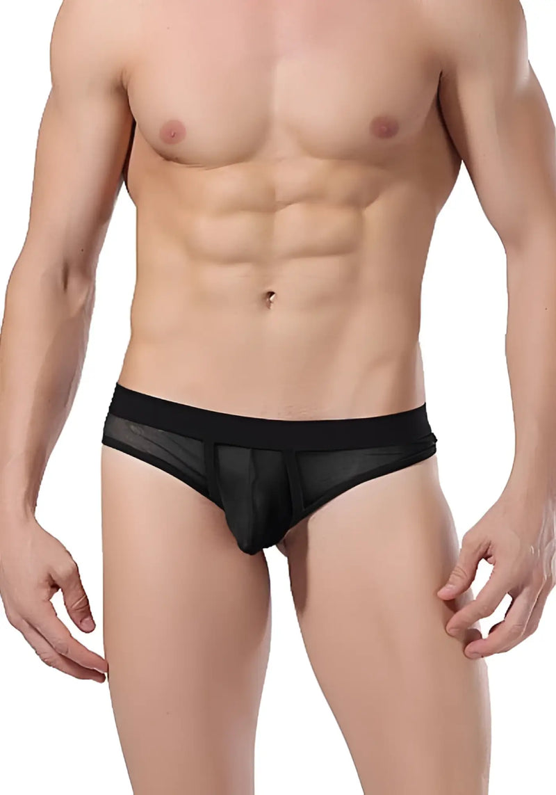 Black sheer thong underwear with solid black waistband made of mesh by goodfellas size xl back view